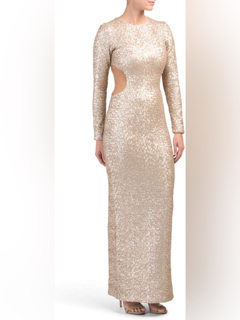 Dress the Population Women's Lara Long Sleeve Sequin Gown with Cut Outs XS NWOT